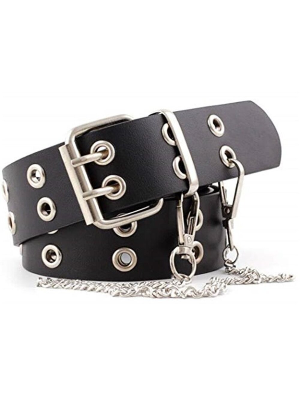 Double Grommet Studded Belt PU Leather Punk Hip Hop Waist Belt Silver Buckle